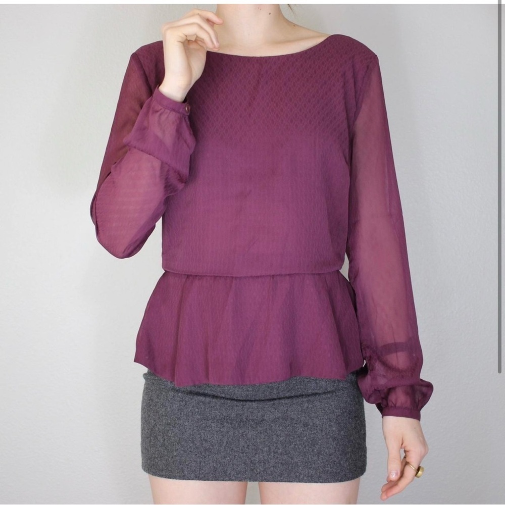 ASTR S Peplum plum hem pilgrim button back ruffle waist sheer arm blouse classic - Picture 2 of 14